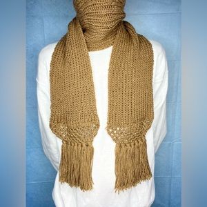 UNISEX Handmade Light Brown Crochet Knitted Scarf with Fringe; Multiple Sizes
